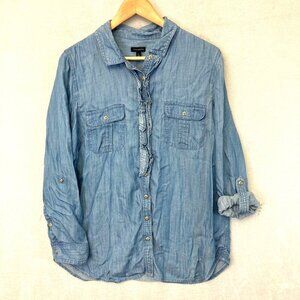 Talbots Chambray Denim Ruffle Shirt Womens Large Blue Western Roll Tab Button Up
